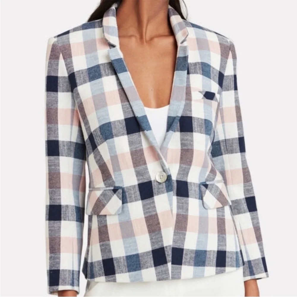 Veronica Beard Schoolboy Gingham Plaid Stand Collar Lined Cotton Blazer
